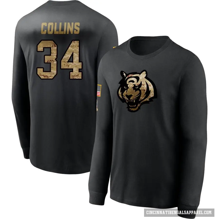 Men's ＃34 Elijah Collins Cincinnati Bengals Black 2020 Salute To Service Sideline Performance Long Sleeve T-Shirt