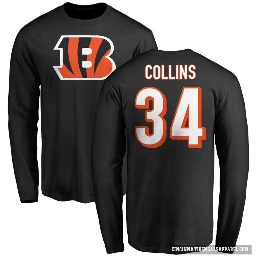 Men's ＃34 Elijah Collins Cincinnati Bengals Black Logo Long Sleeve T-Shirt