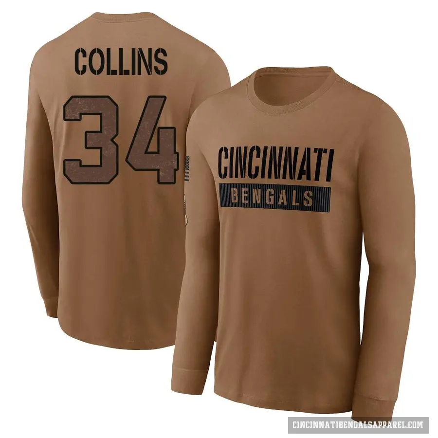 Men's ＃34 Elijah Collins Cincinnati Bengals Brown 2023 Salute To Service Long Sleeve T-Shirt