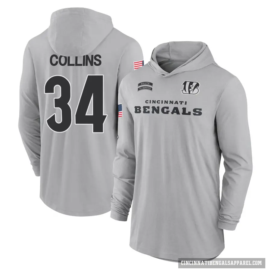 Men's ＃34 Elijah Collins Cincinnati Bengals Gray 2024 Salute to Service Lightweight Performance Long Sleeve Hooded T-Shirt