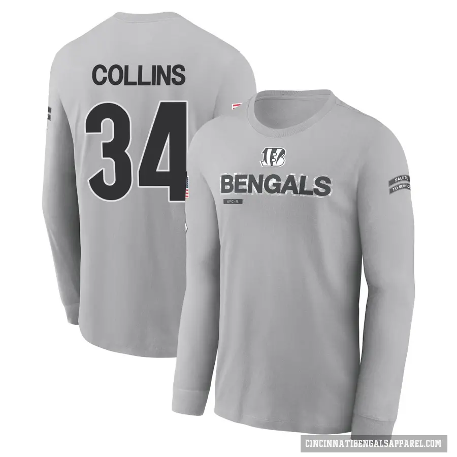 Men's ＃34 Elijah Collins Cincinnati Bengals Gray 2024 Salute to Service Long Sleeve T-Shirt