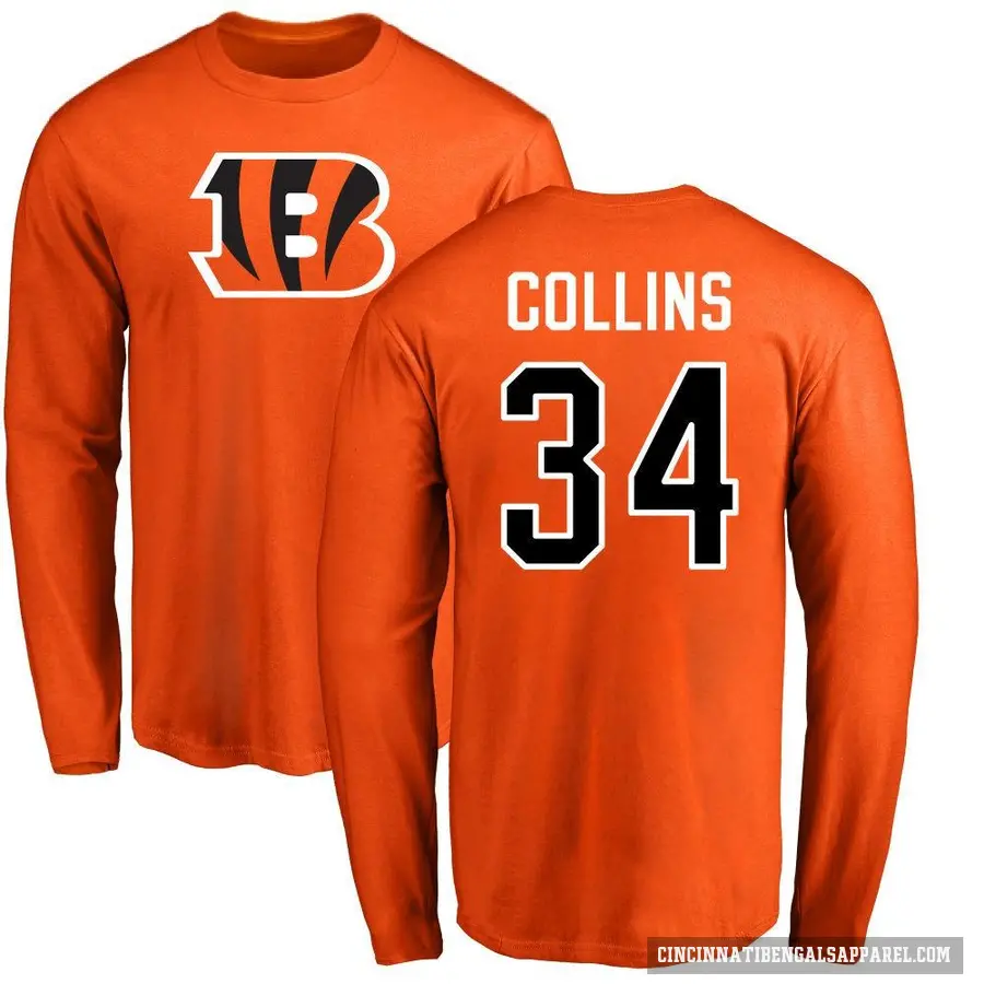 Men's ＃34 Elijah Collins Cincinnati Bengals Orange Logo Long Sleeve T-Shirt