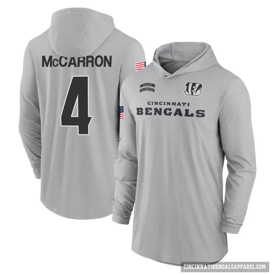 Men's ＃4 AJ McCarron Cincinnati Bengals Gray 2024 Salute to Service Lightweight Performance Long Sleeve Hooded T-Shirt