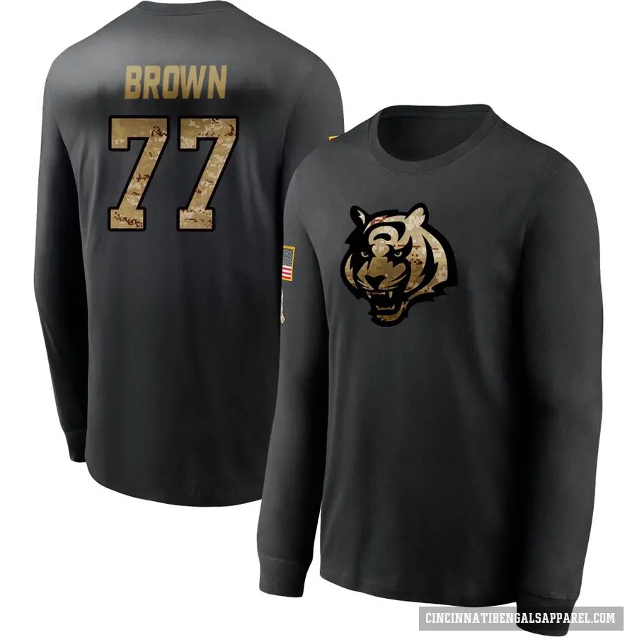 Men's ＃77 Trent Brown Cincinnati Bengals Black 2020 Salute To Service Sideline Performance Long Sleeve T-Shirt