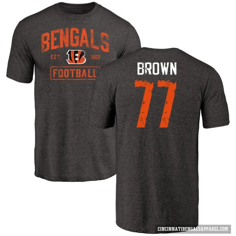 Men's ＃77 Trent Brown Cincinnati Bengals Black Distressed T-Shirt