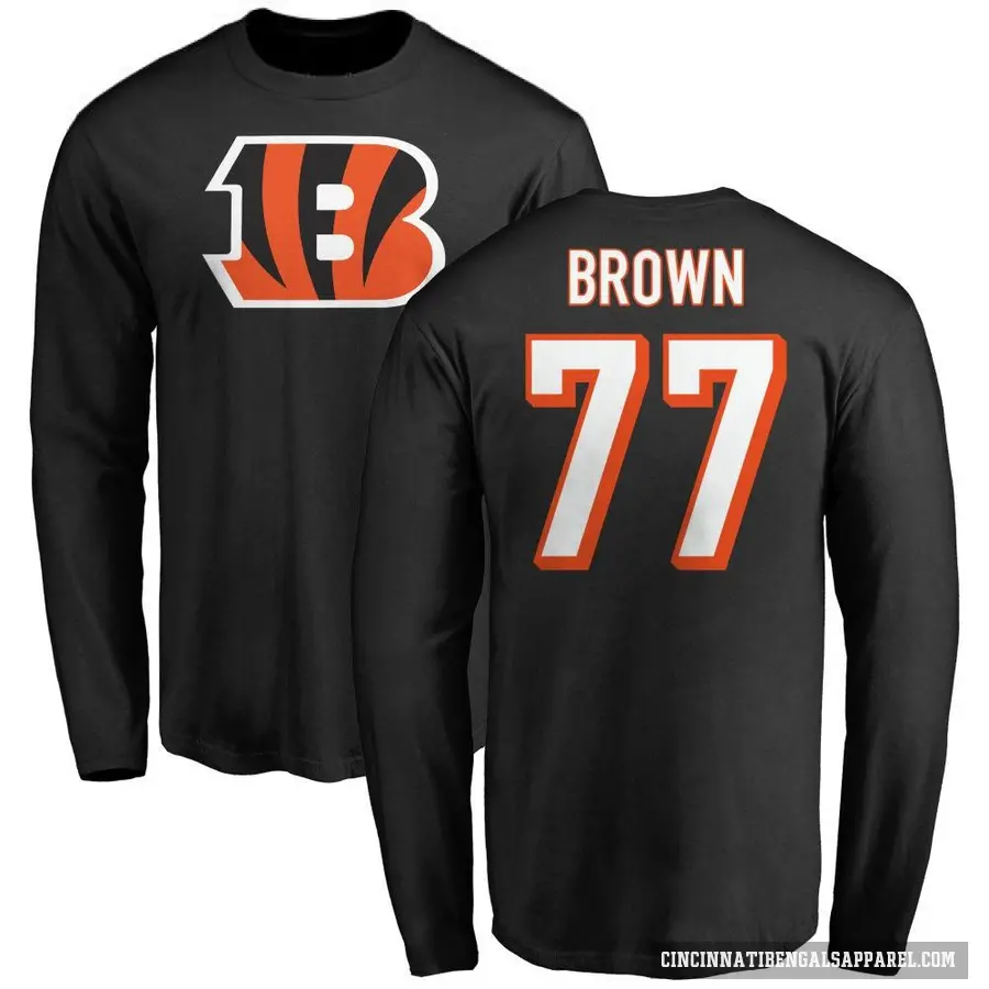 Men's ＃77 Trent Brown Cincinnati Bengals Black Logo Long Sleeve T-Shirt