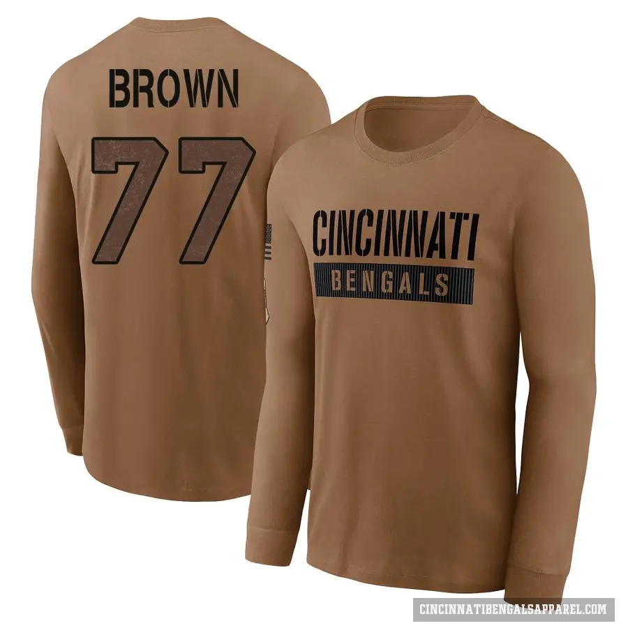 Men's ＃77 Trent Brown Cincinnati Bengals Brown 2023 Salute To Service Long Sleeve T-Shirt