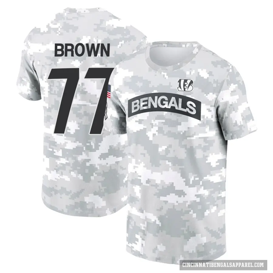 Men's ＃77 Trent Brown Cincinnati Bengals Brown Arctic Camo 2024 Salute to Service Performance T-Shirt