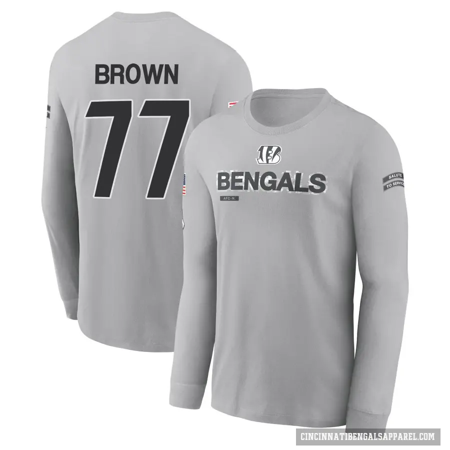 Men's ＃77 Trent Brown Cincinnati Bengals Brown Gray 2024 Salute to Service Long Sleeve T-Shirt