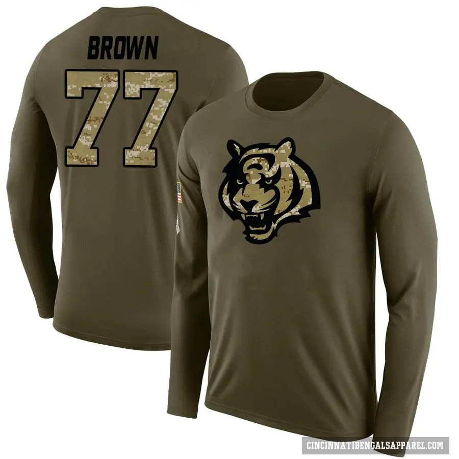 Men's ＃77 Trent Brown Cincinnati Bengals Brown Salute to Service Sideline Olive Long Sleeve T-Shirt