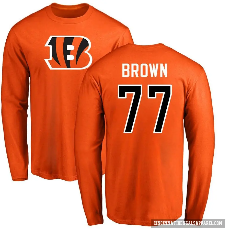 Men's ＃77 Trent Brown Cincinnati Bengals Orange Logo Long Sleeve T-Shirt