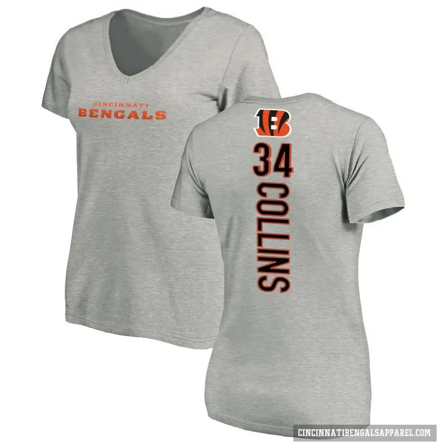 Women's ＃34 Elijah Collins Cincinnati Bengals Ash Backer V-Neck T-Shirt