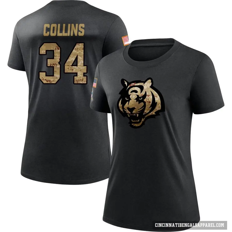 Women's ＃34 Elijah Collins Cincinnati Bengals Black 2020 Salute To Service Performance T-Shirt