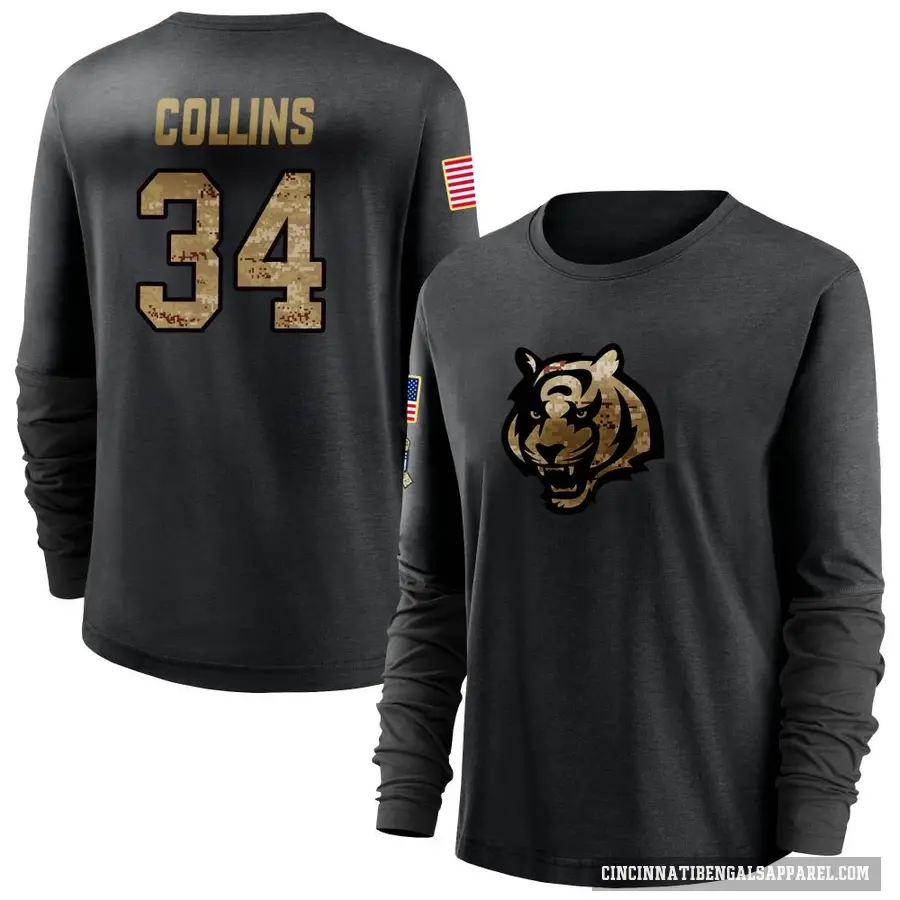 Women's ＃34 Elijah Collins Cincinnati Bengals Black 2020 Salute To Service Sideline Performance Long Sleeve T-Shirt