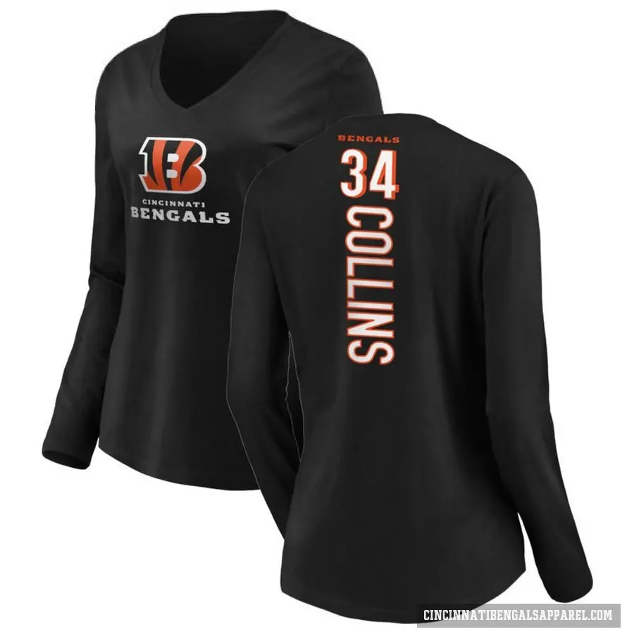 Women's ＃34 Elijah Collins Cincinnati Bengals Black Backer Slim Fit Long Sleeve T-Shirt