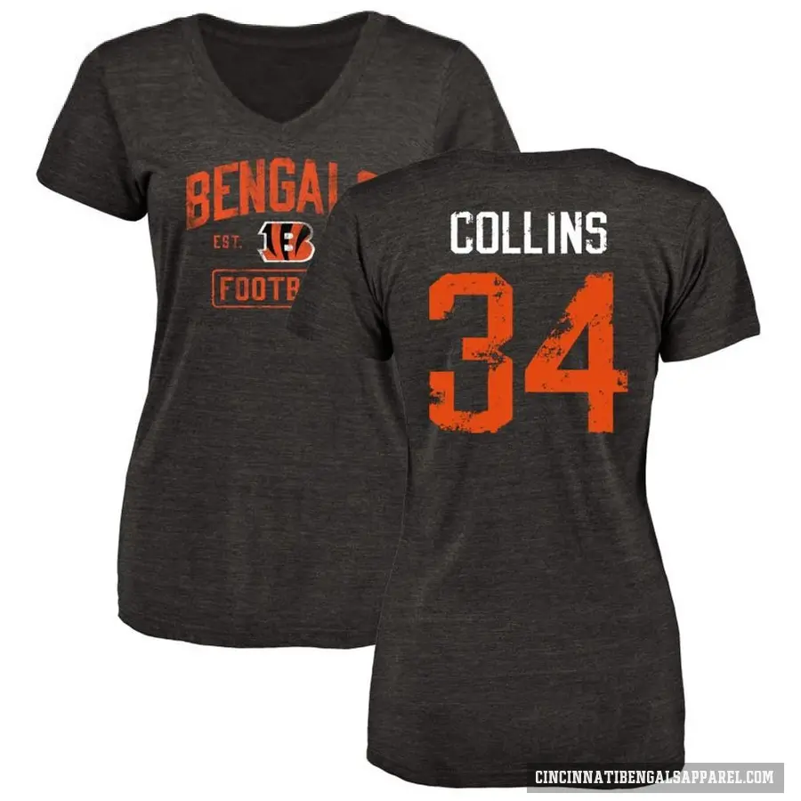 Women's ＃34 Elijah Collins Cincinnati Bengals Black Distressed V-Neck T-Shirt