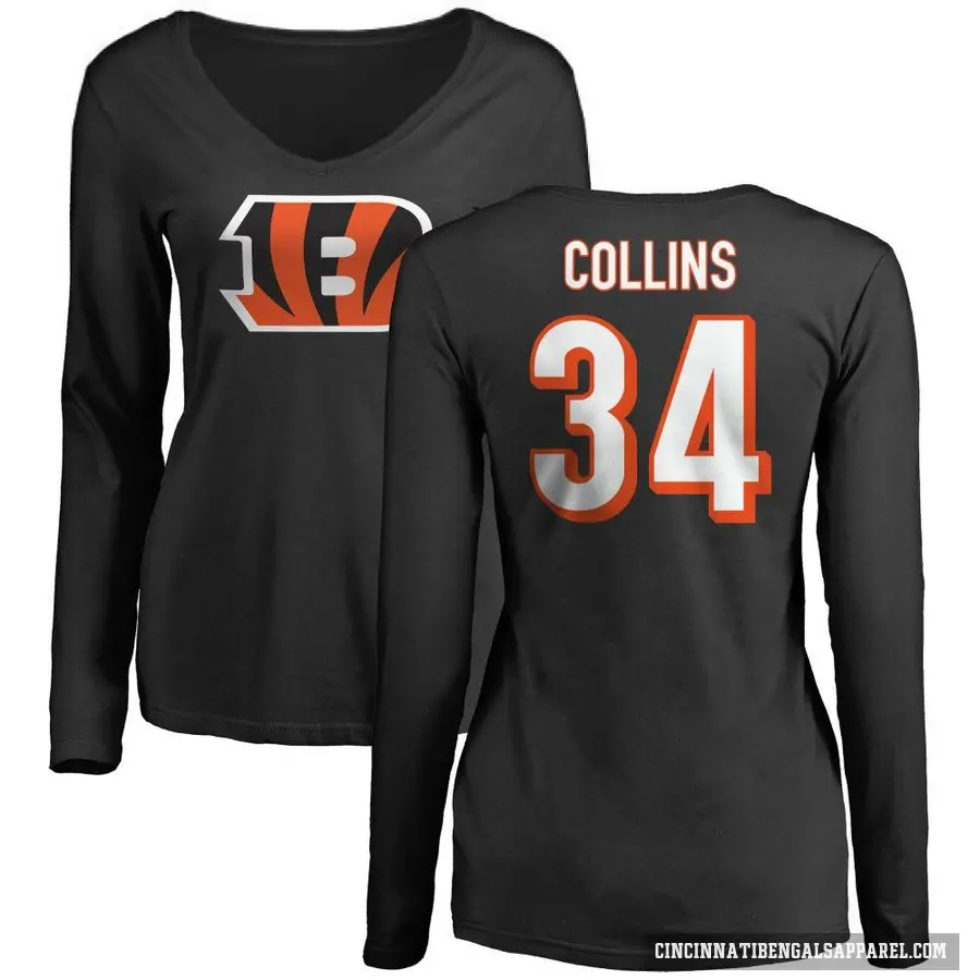 Women's ＃34 Elijah Collins Cincinnati Bengals Black Logo Slim Fit Long Sleeve T-Shirt