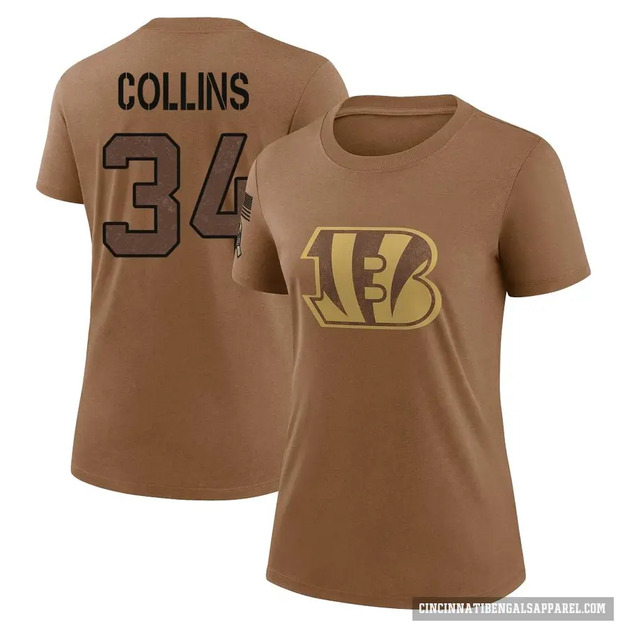 Women's ＃34 Elijah Collins Cincinnati Bengals Brown 2023 Salute To Service Performance T-Shirt