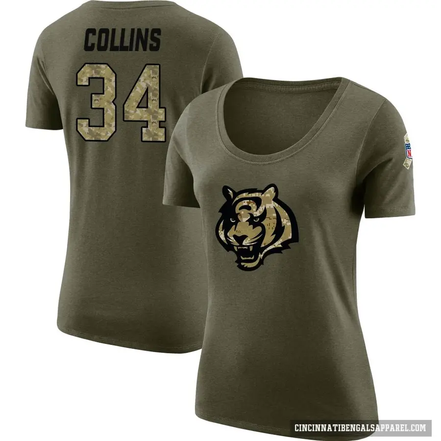 Women's ＃34 Elijah Collins Cincinnati Bengals Olive Salute to Service Scoop Neck T-Shirt