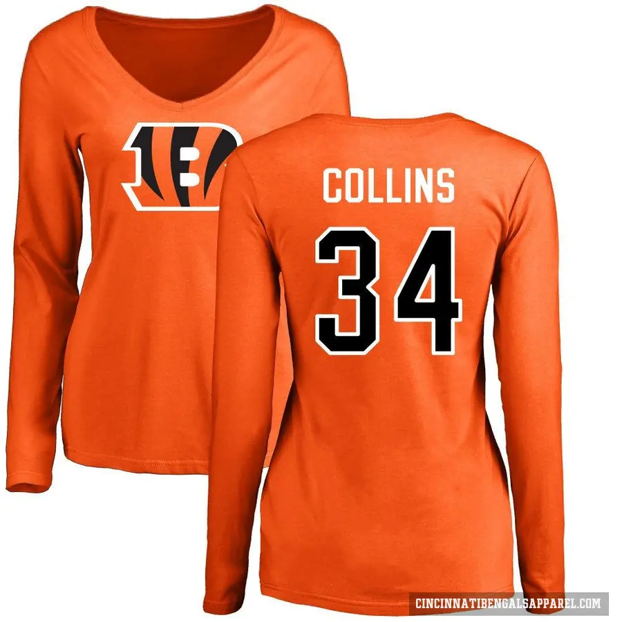 Women's ＃34 Elijah Collins Cincinnati Bengals Orange Logo Slim Fit Long Sleeve T-Shirt