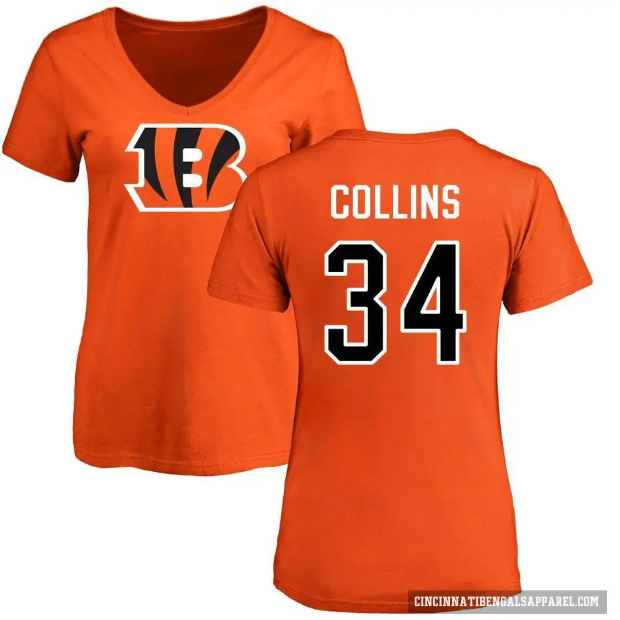 Women's ＃34 Elijah Collins Cincinnati Bengals Orange Logo Slim Fit T-Shirt