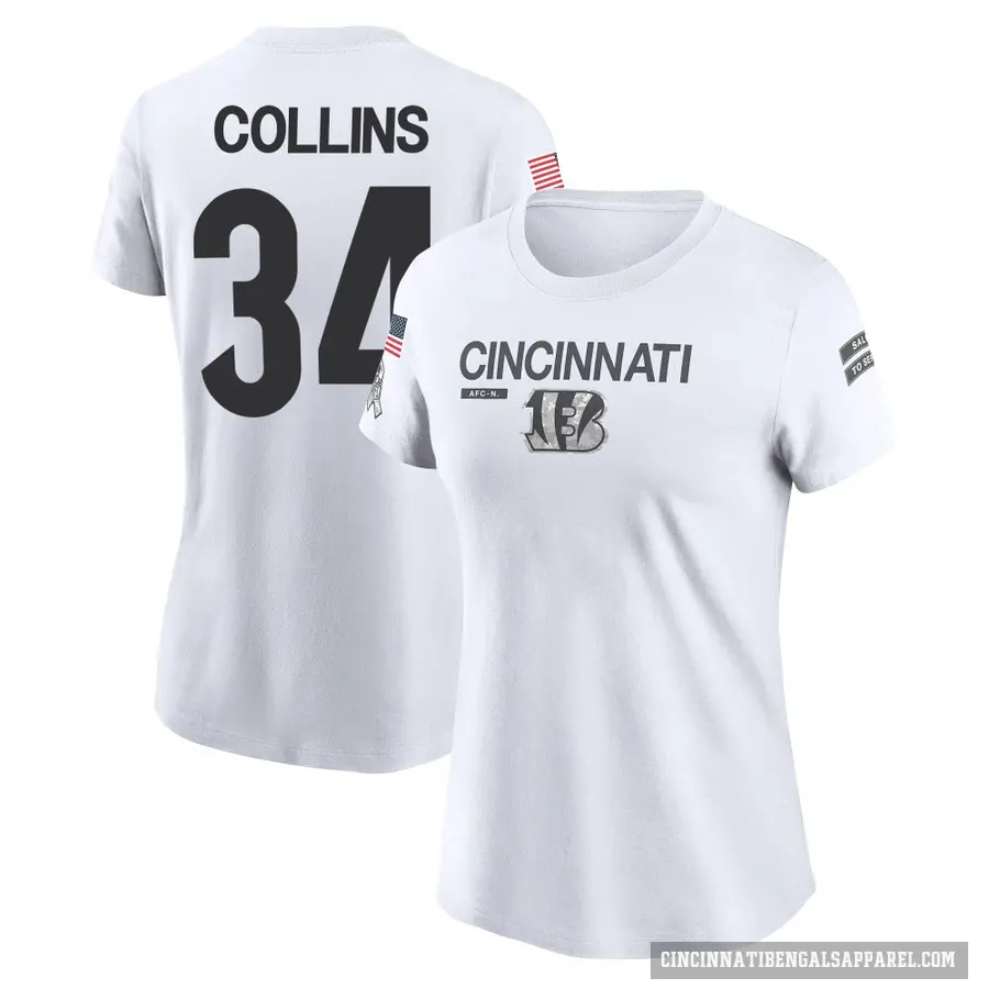 Women's ＃34 Elijah Collins Cincinnati Bengals White 2024 Salute to Service Performance T-Shirt