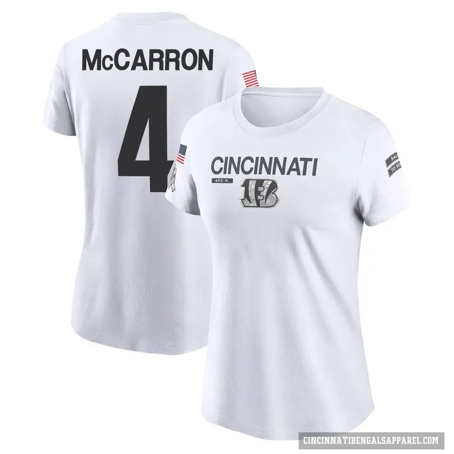 Women's ＃4 AJ McCarron Cincinnati Bengals White 2024 Salute to Service Performance T-Shirt