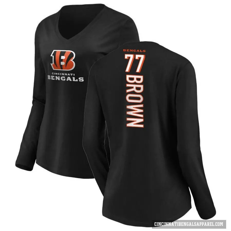 Women's ＃77 Trent Brown Cincinnati Bengals Black Backer Slim Fit Long Sleeve T-Shirt