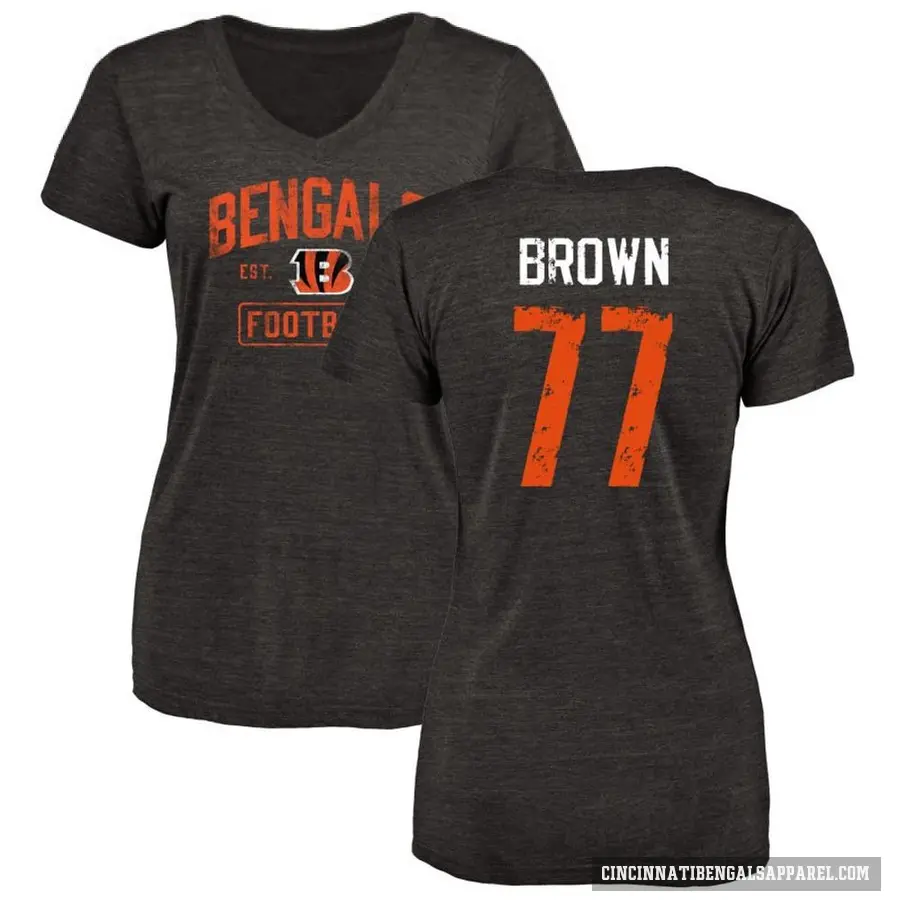 Women's ＃77 Trent Brown Cincinnati Bengals Black Distressed V-Neck T-Shirt