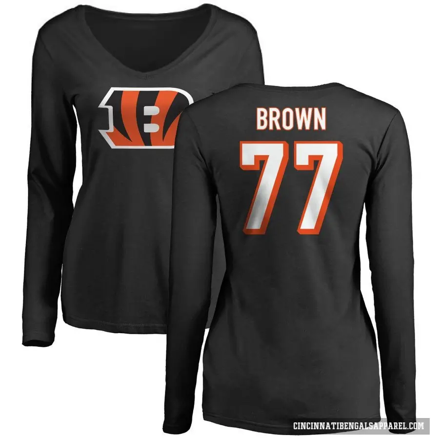 Women's ＃77 Trent Brown Cincinnati Bengals Black Logo Slim Fit Long Sleeve T-Shirt