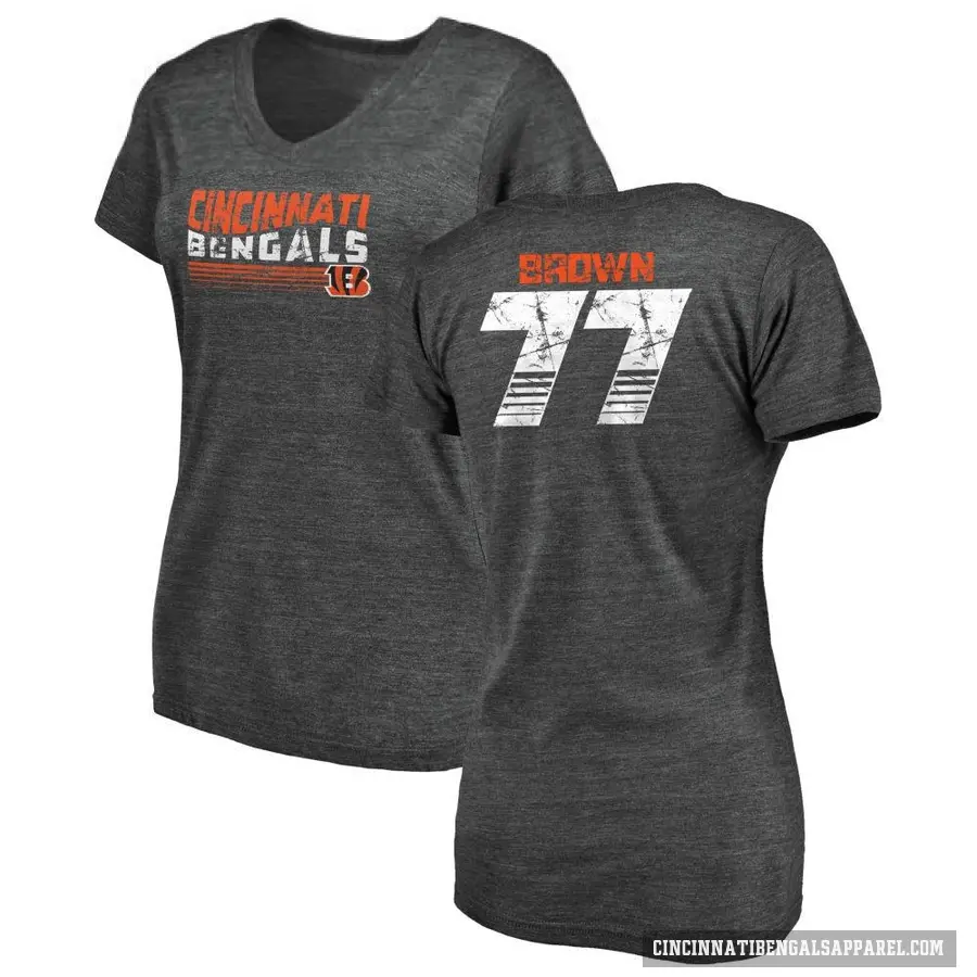 Women's ＃77 Trent Brown Cincinnati Bengals Black Retro V-Neck T-Shirt