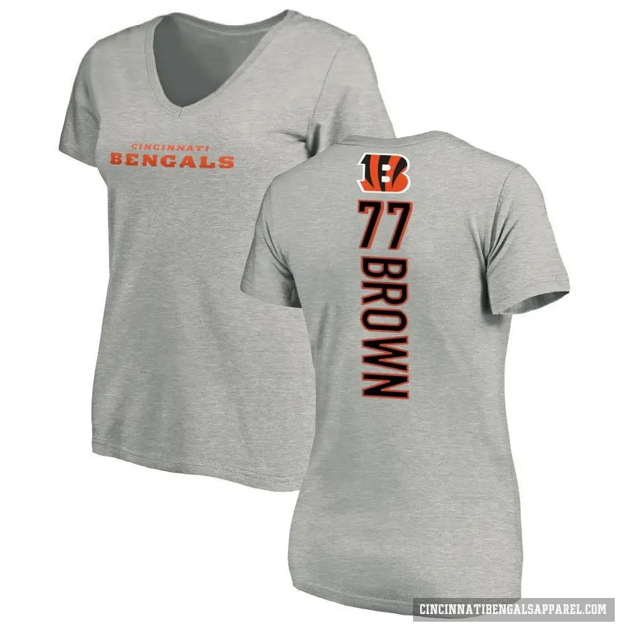 Women's ＃77 Trent Brown Cincinnati Bengals Brown Backer V-Neck T-Shirt Ash