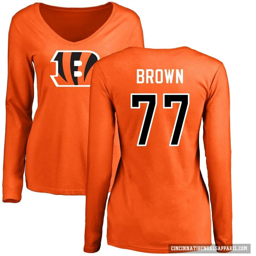 Women's ＃77 Trent Brown Cincinnati Bengals Orange Logo Slim Fit Long Sleeve T-Shirt