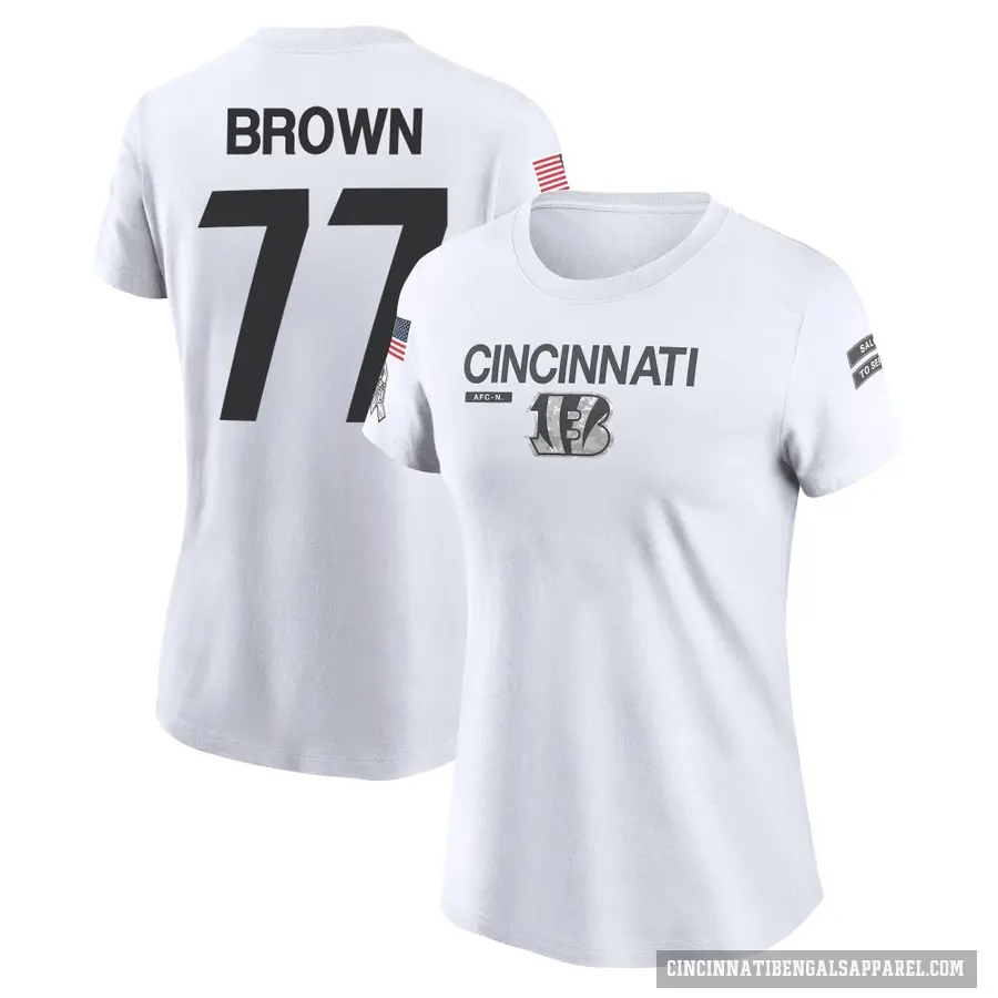 Women's ＃77 Trent Brown Cincinnati Bengals White 2024 Salute to Service Performance T-Shirt