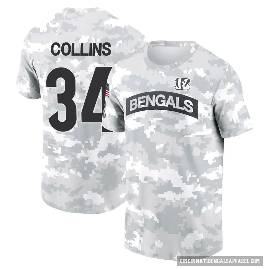 Youth ＃34 Elijah Collins Cincinnati Bengals Camo Arctic 2024 Salute to Service Performance T-Shirt