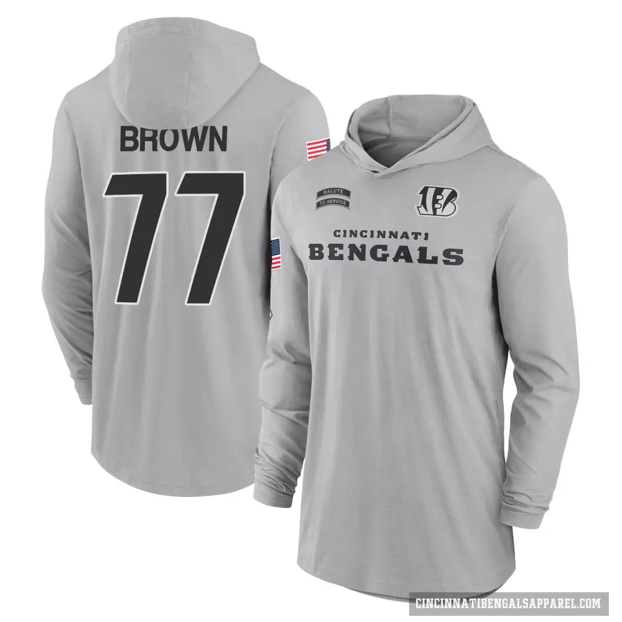 Youth ＃77 Trent Brown Cincinnati Bengals Brown Gray 2024 Salute to Service Lightweight Performance Long Sleeve Hooded T-Shirt